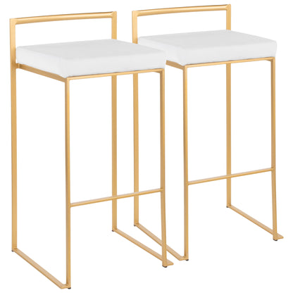 The Fuji barstool features a contemporary glam design with gold metal frame, square white cushioned seat, backrest, and footrest. Two stools are displayed side by side on a white background, showcasing quality construction and modern style.