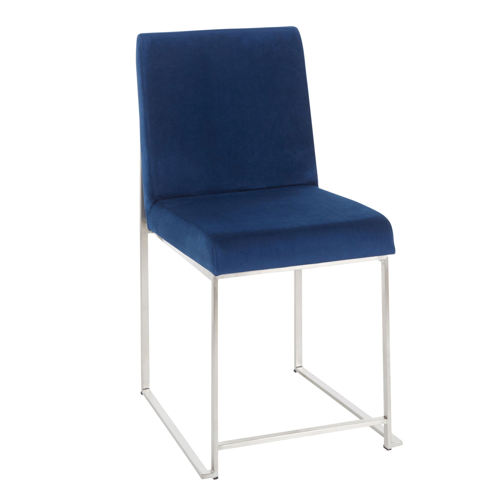 The Fuji - Contemporary Modern Elegance High Back Dining Chair (Set of 2) features a blue upholstered seat and backrest, a sleek silver metal frame, and an open, minimalist design.