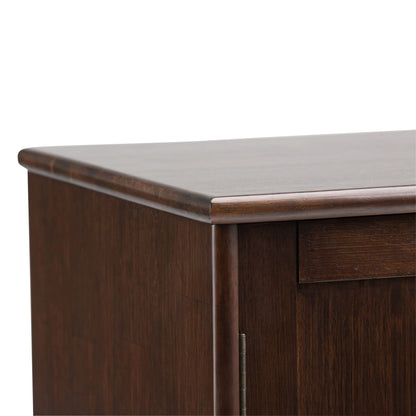 Close-up of the top corner of the Draper - Mid Century Sideboard Buffet And Wine Rack in medium auburn brown, featuring a smooth finish and rounded edges.