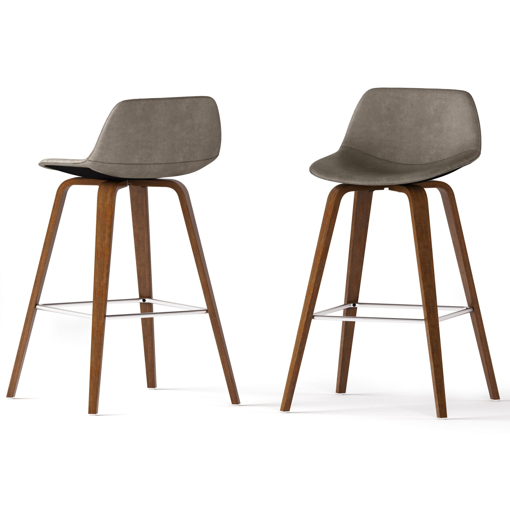The Randolph Bentwood Counter / Bar Height Stool (Set of 2) features two modern stools with curved gray seats, wooden legs, and metal footrests. Displayed on a white background, one stool faces forward and the other is angled to the side.