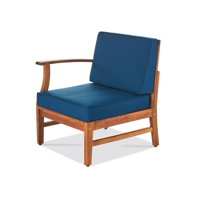 The Perla - 6 Pieces Sofa Set features a wooden armchair with blue seat and backrest cushions, displayed against a white background.