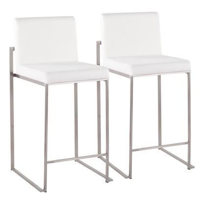 The Fuji Contemporary High Back Counter Stool features sleek metal legs and white cushioned seats and backs, offering a functional minimalist design. Two stools are displayed side by side against a white background.