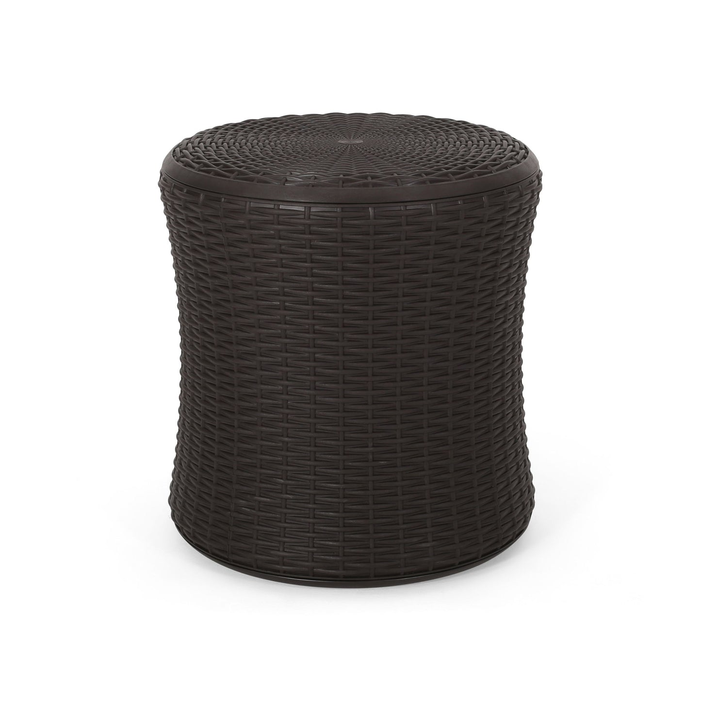 The Olivo Patio Table is a dark brown, round outdoor side table with a wicker-style weave, slightly curved body, and flat top, shown against a plain white background.