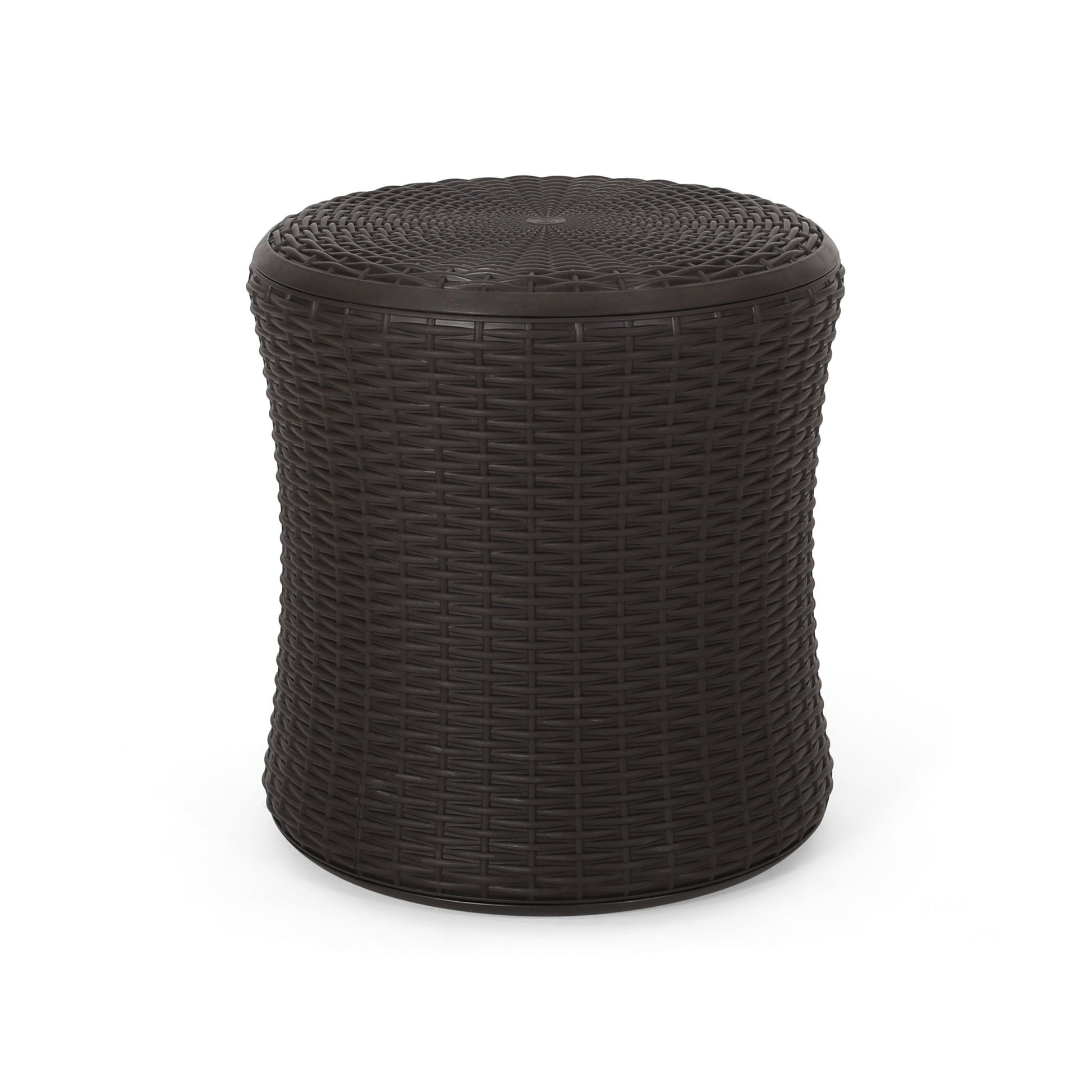 The Olivo Patio Table is a dark brown, round outdoor side table with a wicker-style weave, slightly curved body, and flat top, shown against a plain white background.