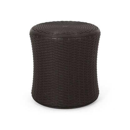 The Olivo Patio Table is a dark brown, round outdoor side table with a wicker-style weave, slightly curved body, and flat top, shown against a plain white background.