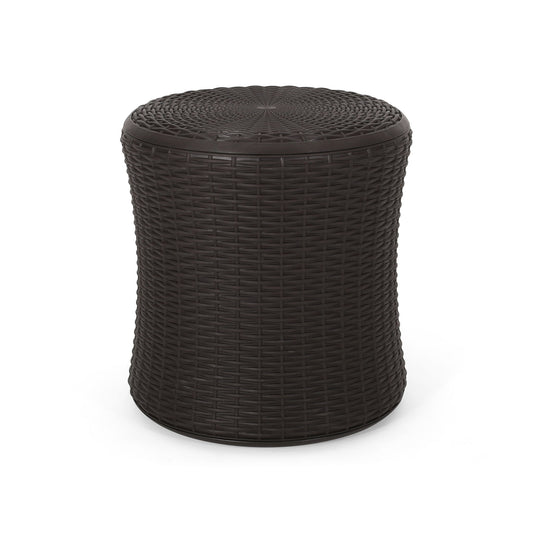 The Olivo Patio Table is a dark brown, round outdoor side table with a wicker-style weave, slightly curved body, and flat top, shown against a plain white background.