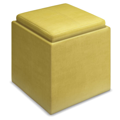 The Rockwood Upholstered Cube Storage Ottoman With Tray features a yellow, cube shape with a cushioned top and soft fabric upholstery. It has clean lines and sits on a white background.