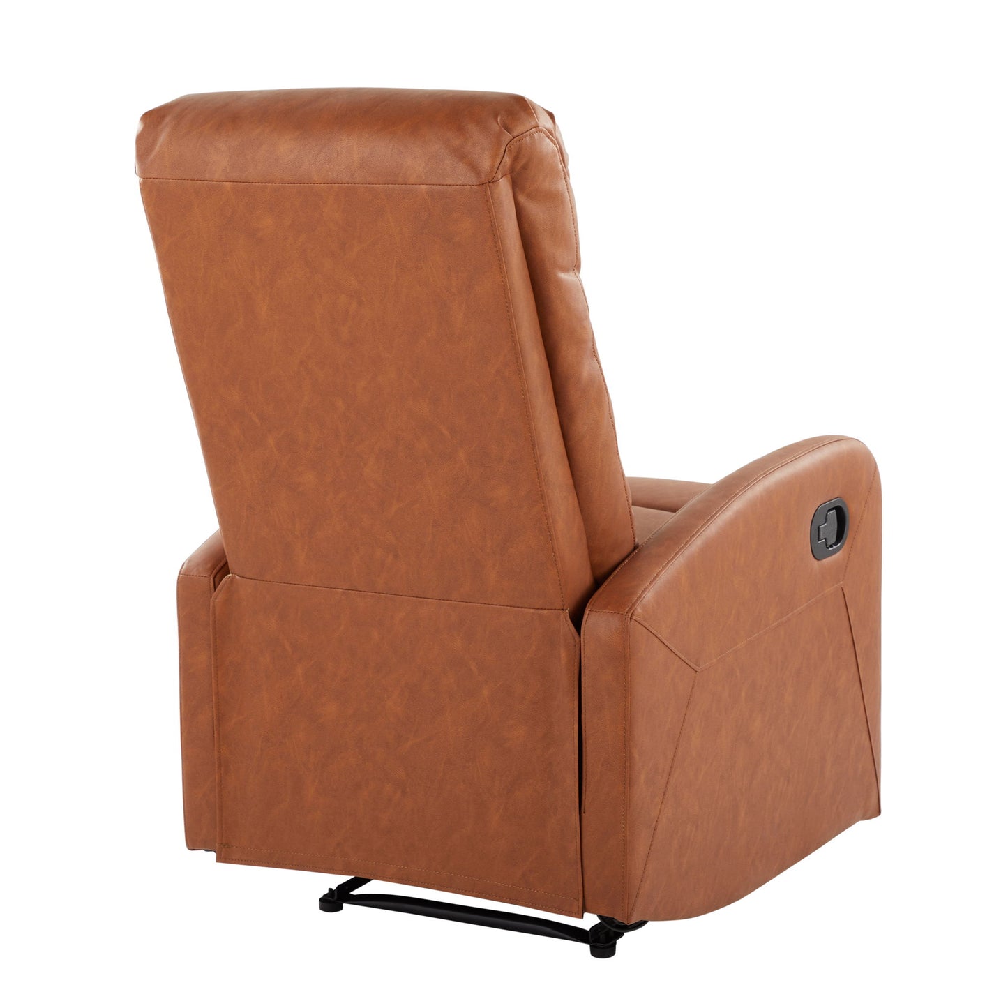The Dormi - Contemporary Recliner Chair features brown faux leather, viewed from the back and side, with a right-arm lever and a black metal base.