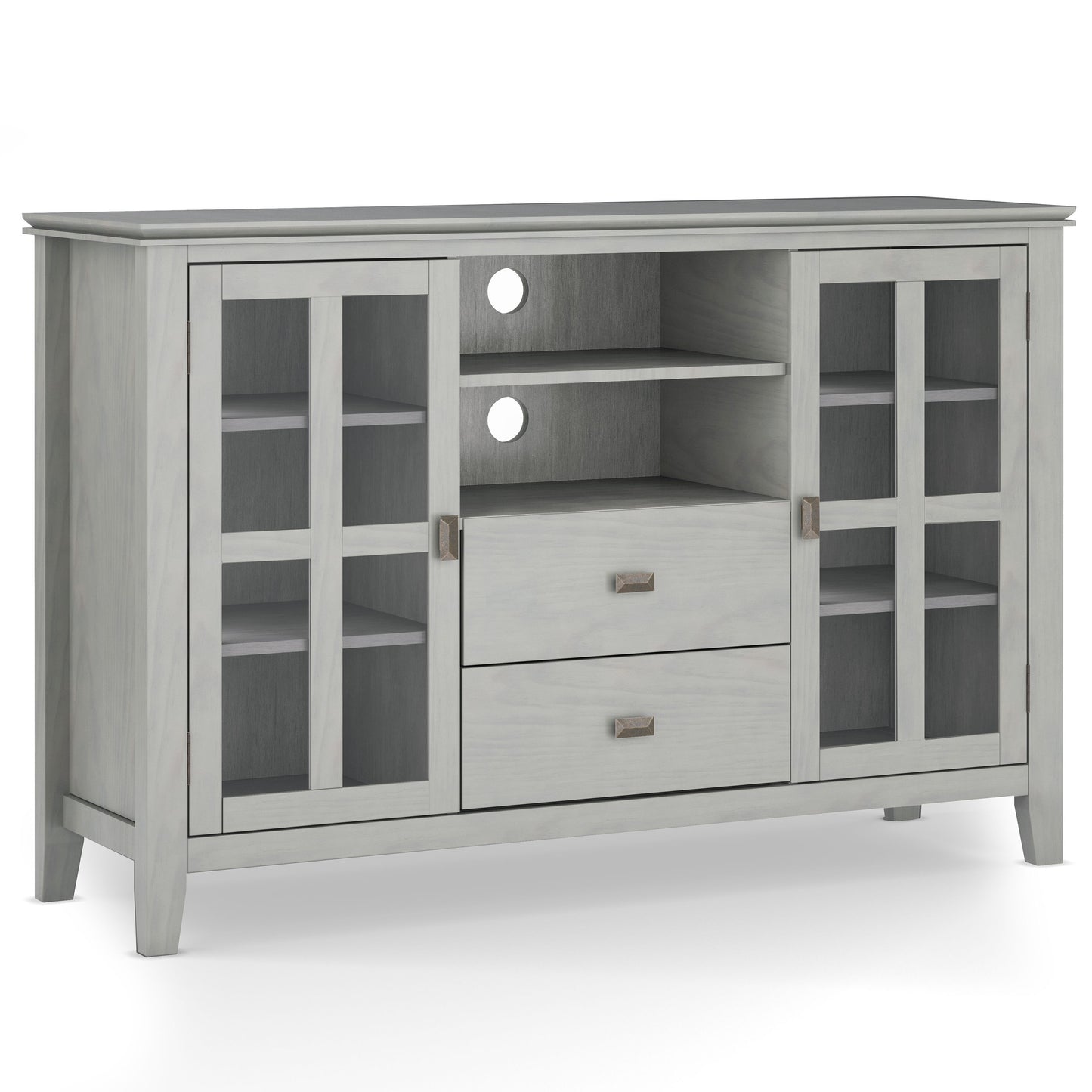 The Artisan Handcrafted Tall TV Media Stand features a light gray wooden finish, two glass-paneled cabinet doors on each side, two center drawers, two open shelves above, and circular cable cutouts on the back panel.