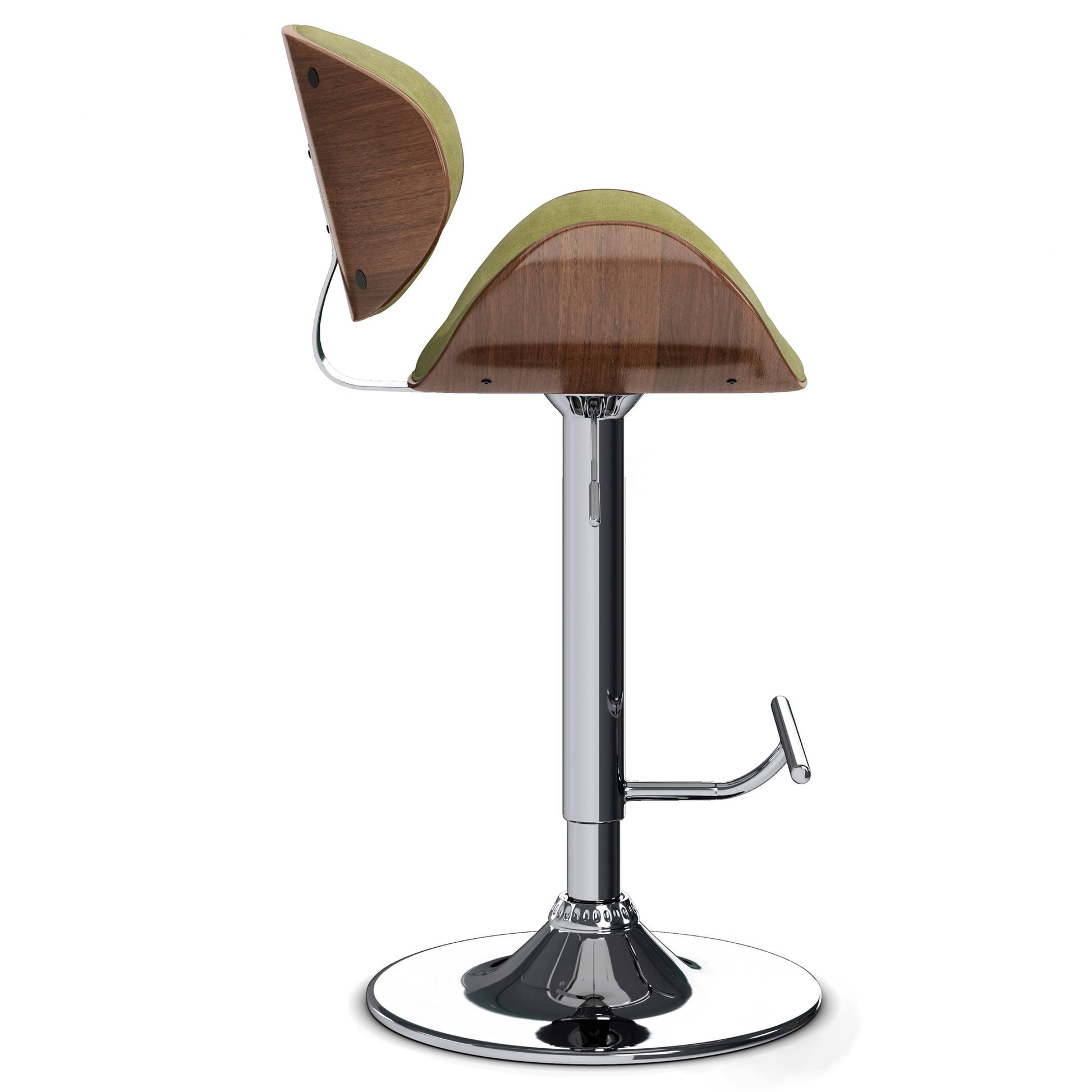 The Marana Multifunctional Handcrafted Bentwood Adjustable Swivel Bar Stool features a curved wooden backrest, green upholstered seat, chrome base, and footrest, shown against a white background.