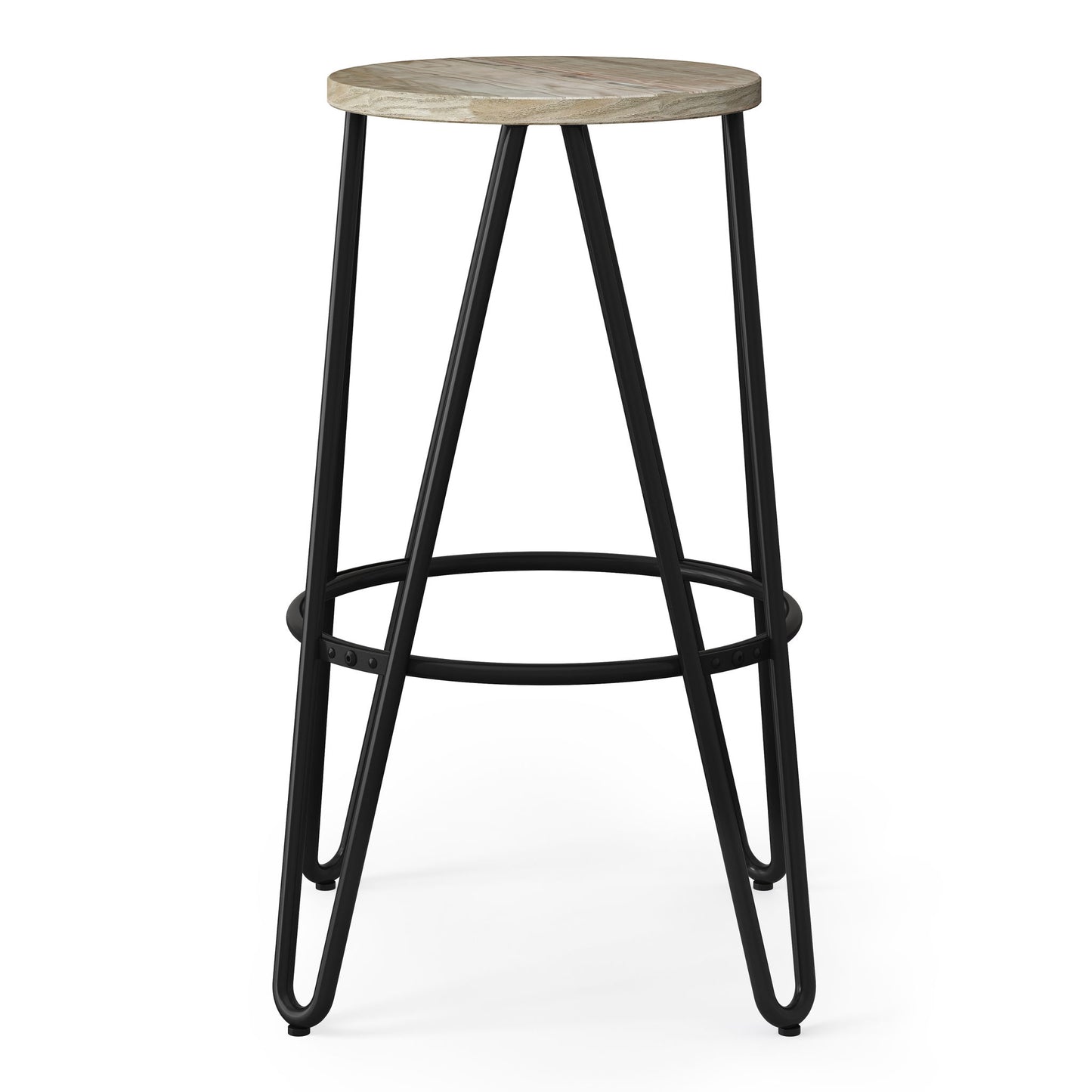 The Simeon Multifunctional Metal Stool features a round wooden seat, black metal legs, and a circular footrest for added support.