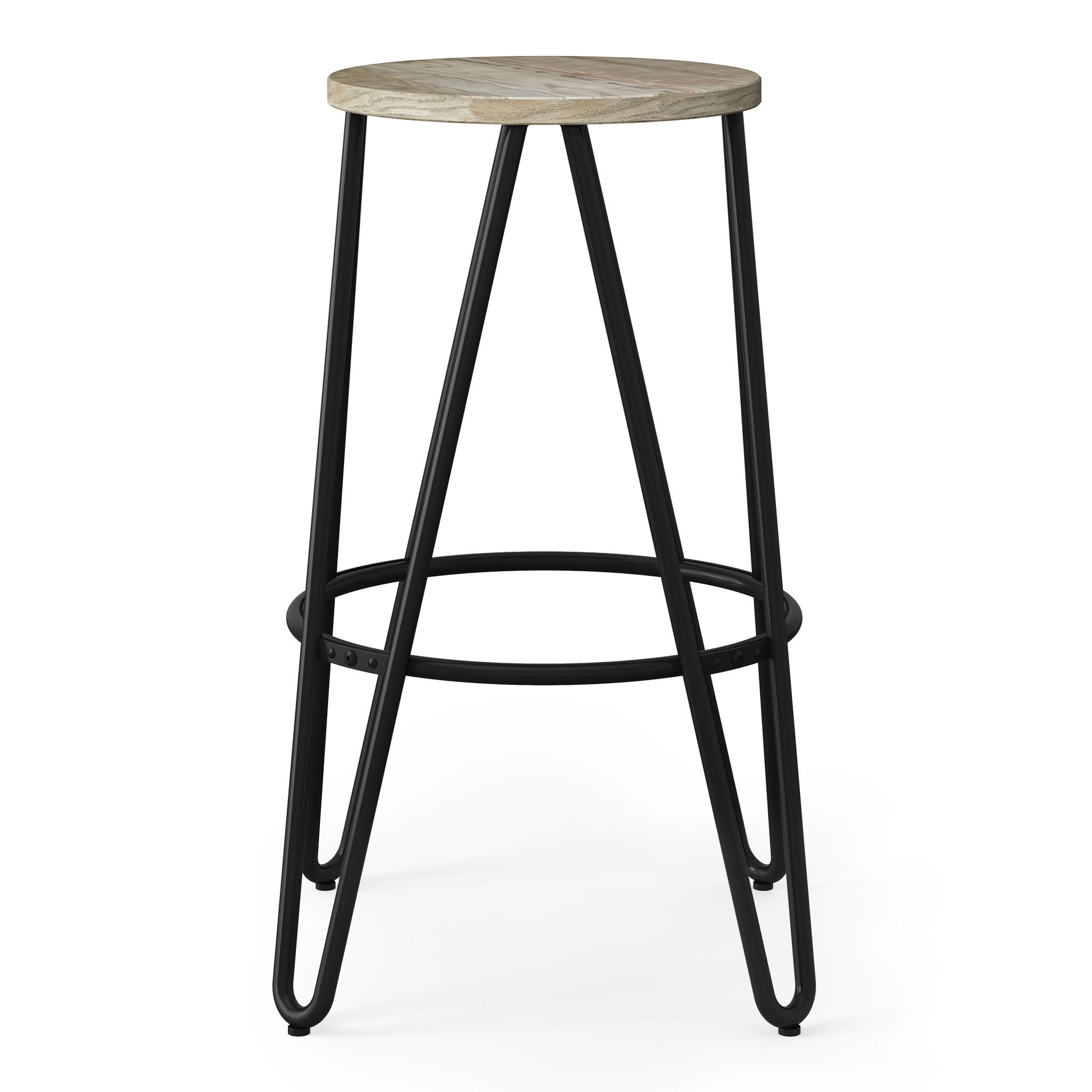 The Simeon Multifunctional Metal Stool features a round wooden seat, black metal legs, and a circular footrest for added support.