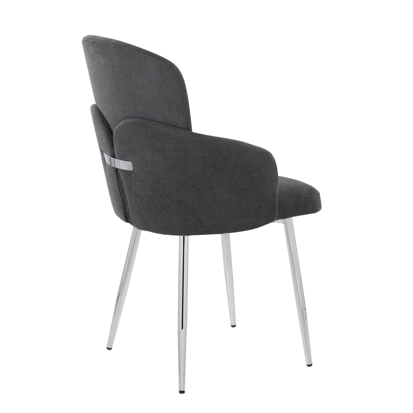 The Dahlia Contemporary Dining Chair (Set of 2) features dark grey upholstered seat and backrest, sleek metal armrests, and four chrome legs, displayed angled from the side against a white background.