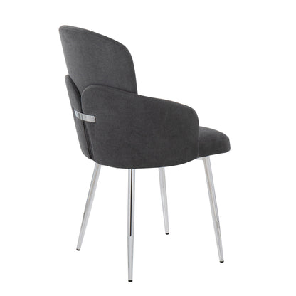 The Dahlia Contemporary Dining Chair (Set of 2) features dark grey upholstered seat and backrest, sleek metal armrests, and four chrome legs, displayed angled from the side against a white background.