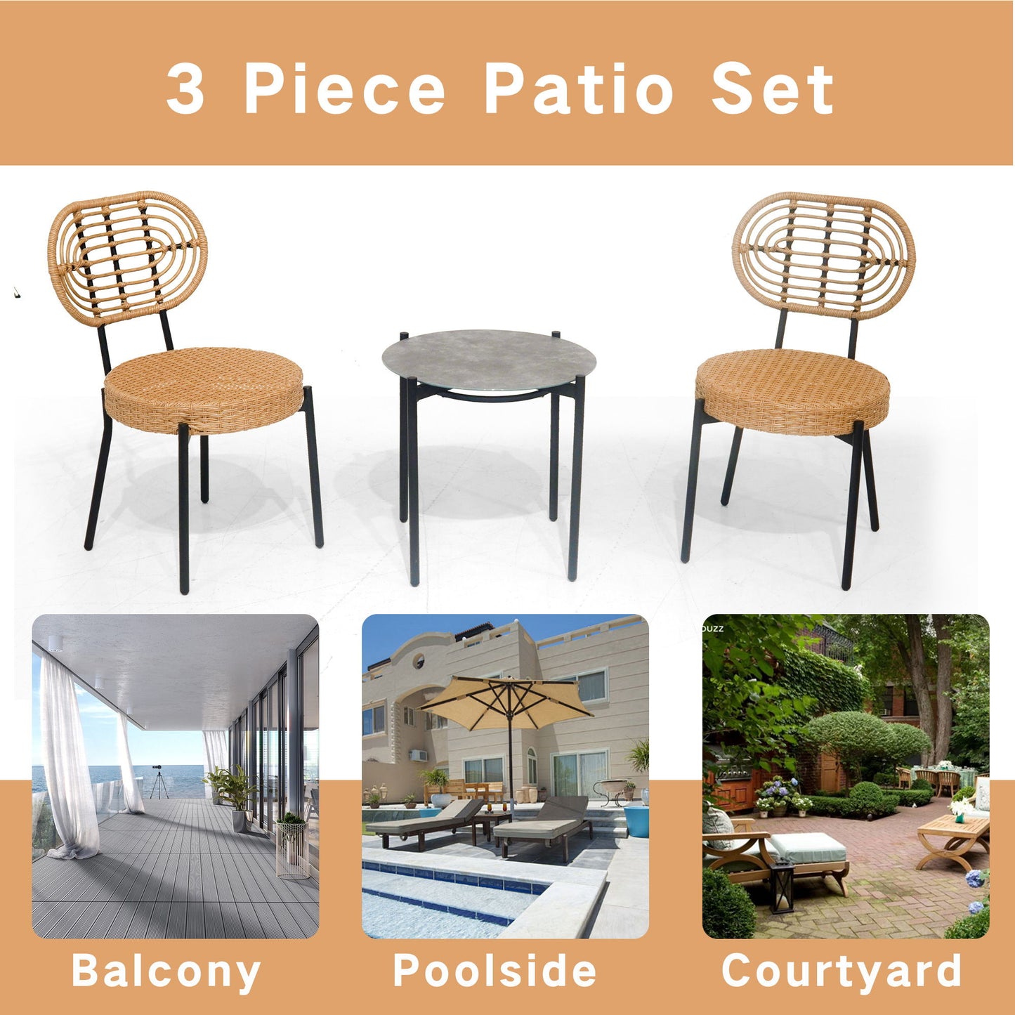 The 3 Pieces Of Luxury Outdoor Wicker Furniture Patio Bistro Style Table And Chair Combination (Black/Natural, weather-resistant PE wicker) is shown above images labeled Balcony, Poolside, and Courtyard, suggesting ideal spots for use.