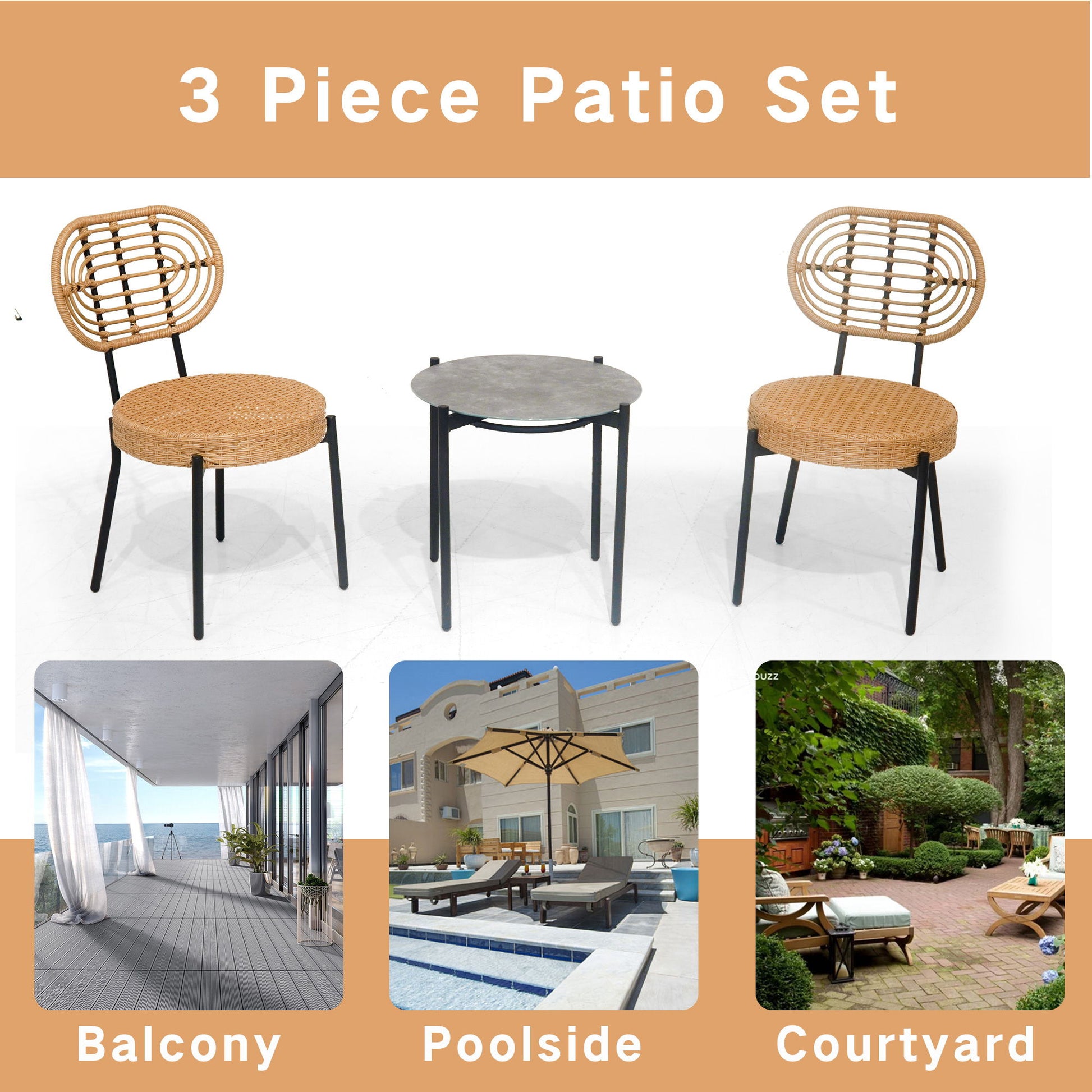 The 3 Pieces Of Luxury Outdoor Wicker Furniture Patio Bistro Style Table And Chair Combination (Black/Natural, weather-resistant PE wicker) is shown above images labeled Balcony, Poolside, and Courtyard, suggesting ideal spots for use.