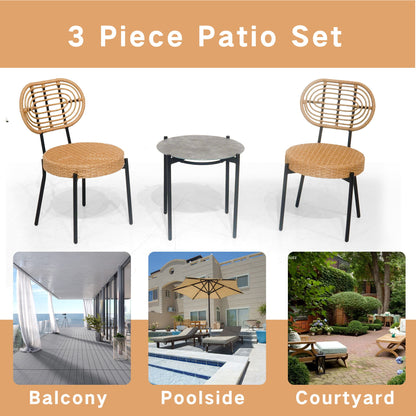 The 3 Pieces Of Luxury Outdoor Wicker Furniture Patio Bistro Style Table And Chair Combination (Black/Natural, weather-resistant PE wicker) is shown above images labeled Balcony, Poolside, and Courtyard, suggesting ideal spots for use.