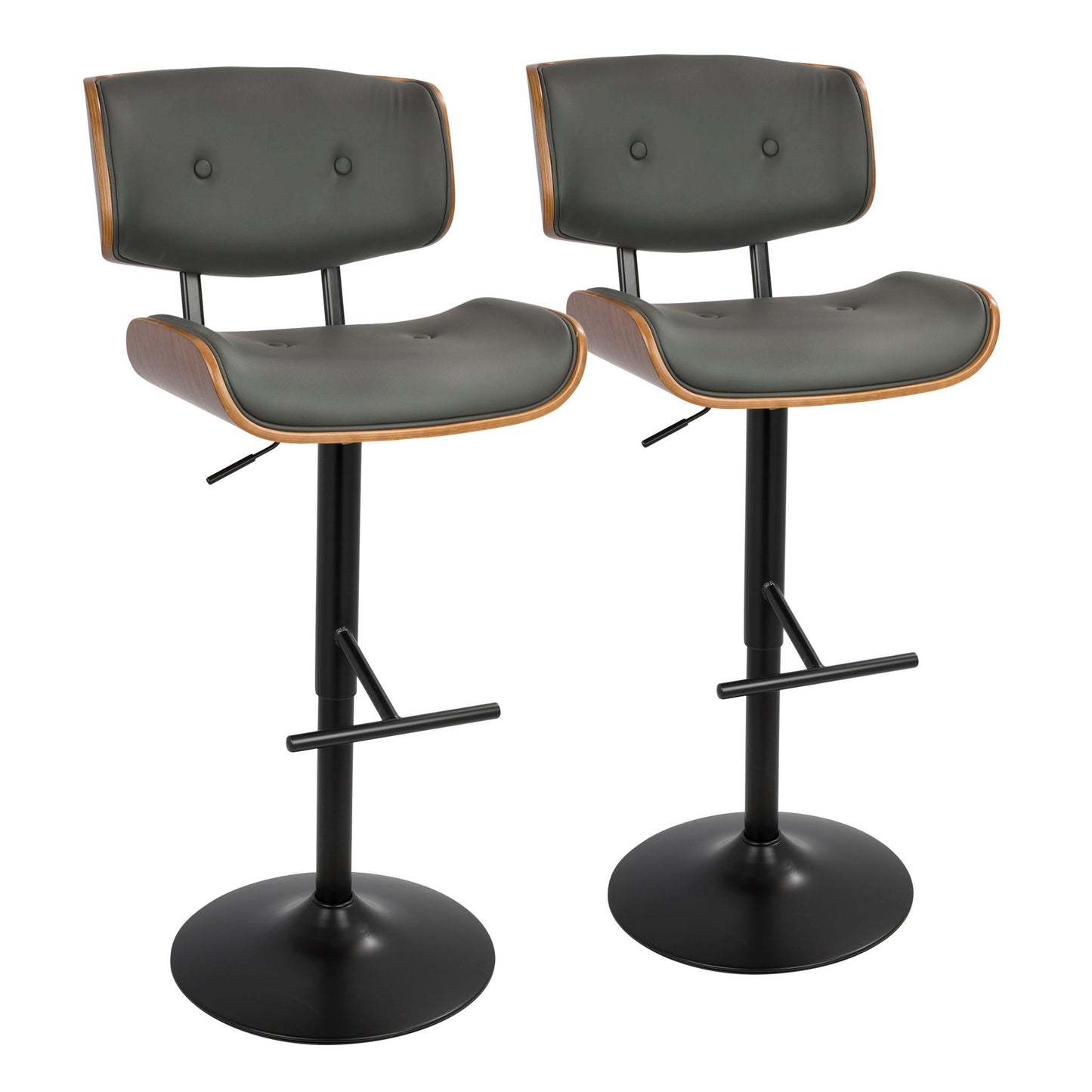Two Lombardi Mid Century Modern Adjustable Barstools with black cushioned seats and backs, wooden edge accents, and black pedestal bases with footrests are displayed side by side on a white background.