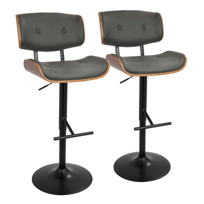 Two Lombardi Mid Century Modern Adjustable Barstools with black cushioned seats and backs, wooden edge accents, and black pedestal bases with footrests are displayed side by side on a white background.