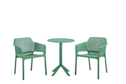 The 3 Piece Plastic Arm Chair Bistro Grs Premium Ocean Plastic set includes two green armrest chairs with mesh-style backs and a matching round table, all shown on a white background.