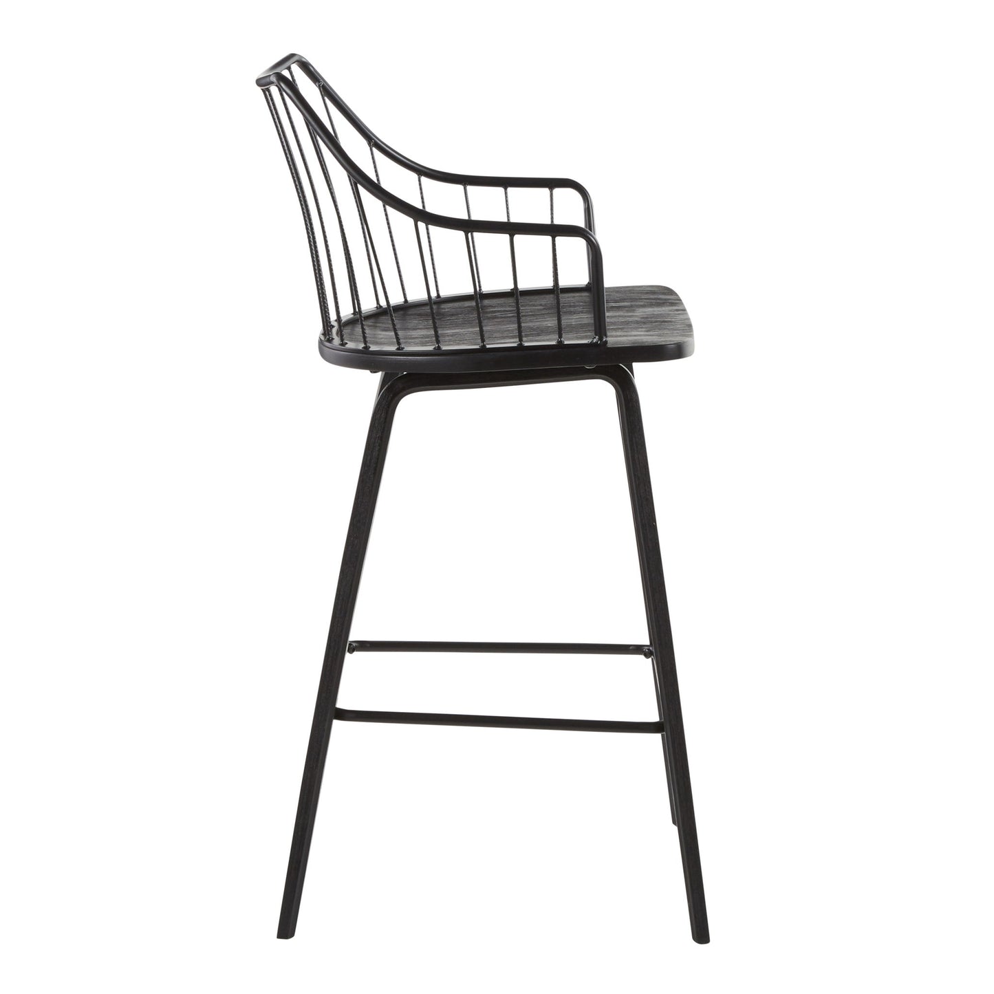 Side view of the Winston - Farmhouse Counter Stool, featuring a modern black metal frame, curved wire backrest, slender legs, rectangular footrest, and a wood-finish seat.