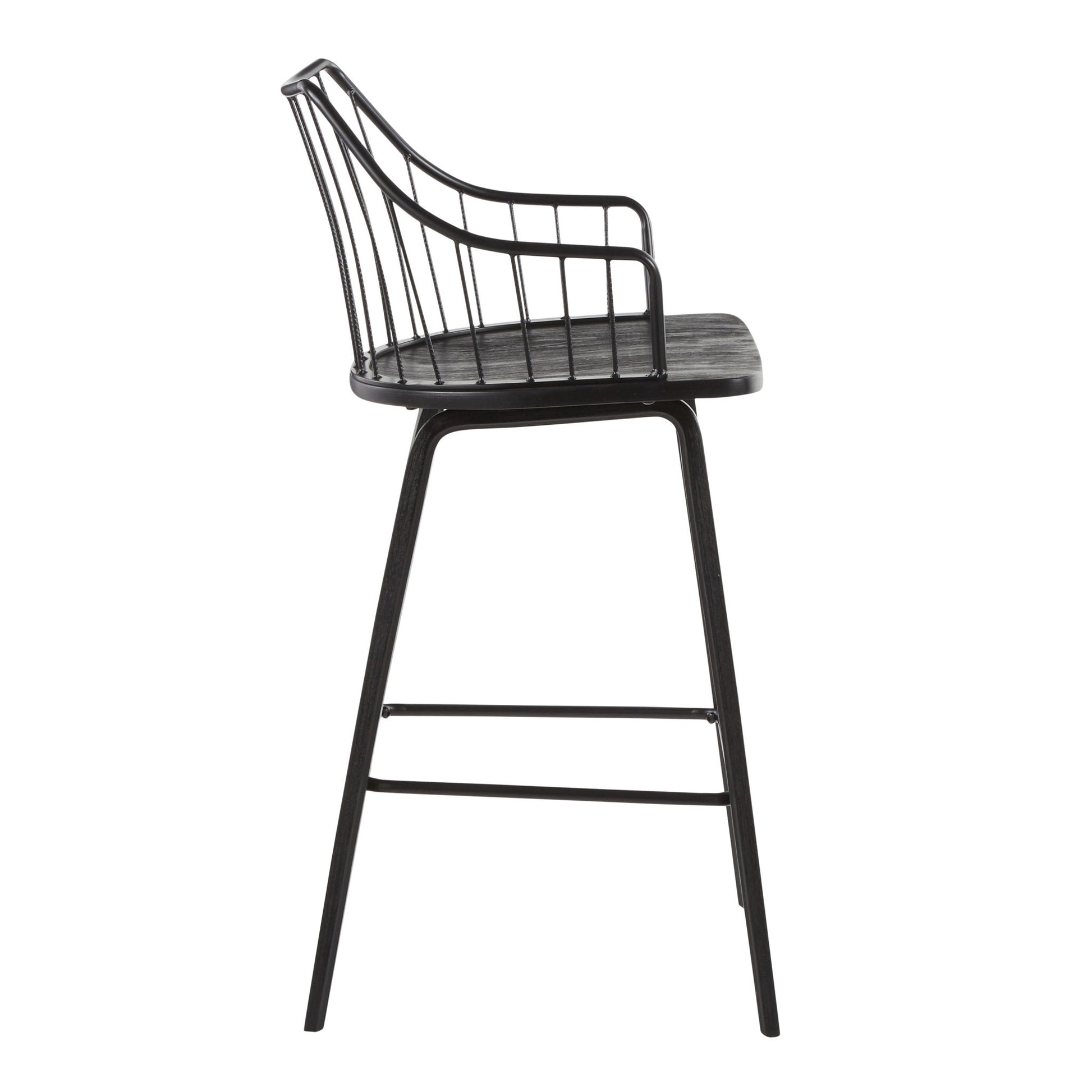 Side view of the Winston - Farmhouse Counter Stool, featuring a modern black metal frame, curved wire backrest, slender legs, rectangular footrest, and a wood-finish seat.