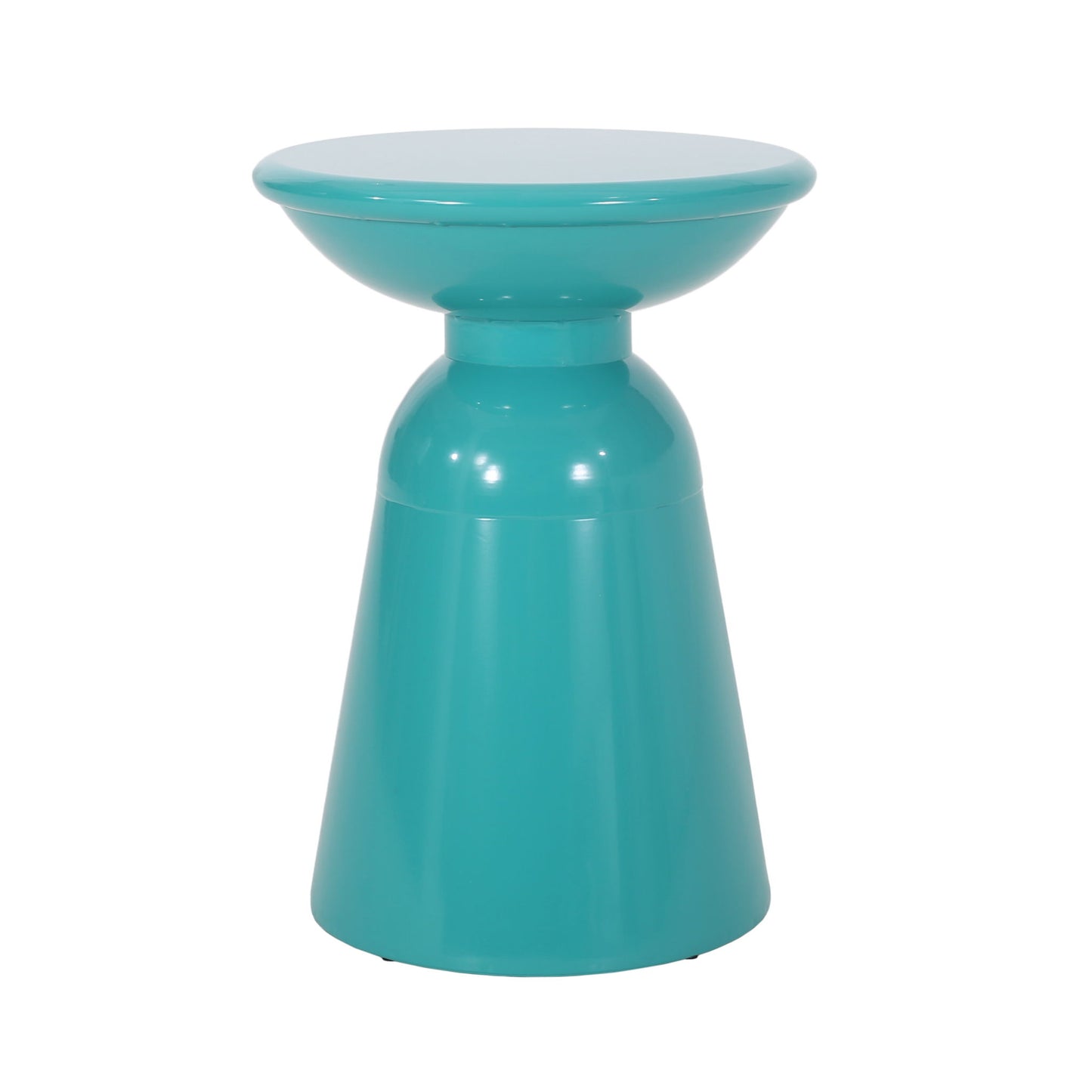 The Outdoor Modern Metal End Large Table features a turquoise, glossy finish with a round top, conical base, and smooth curved lines for a contemporary look.