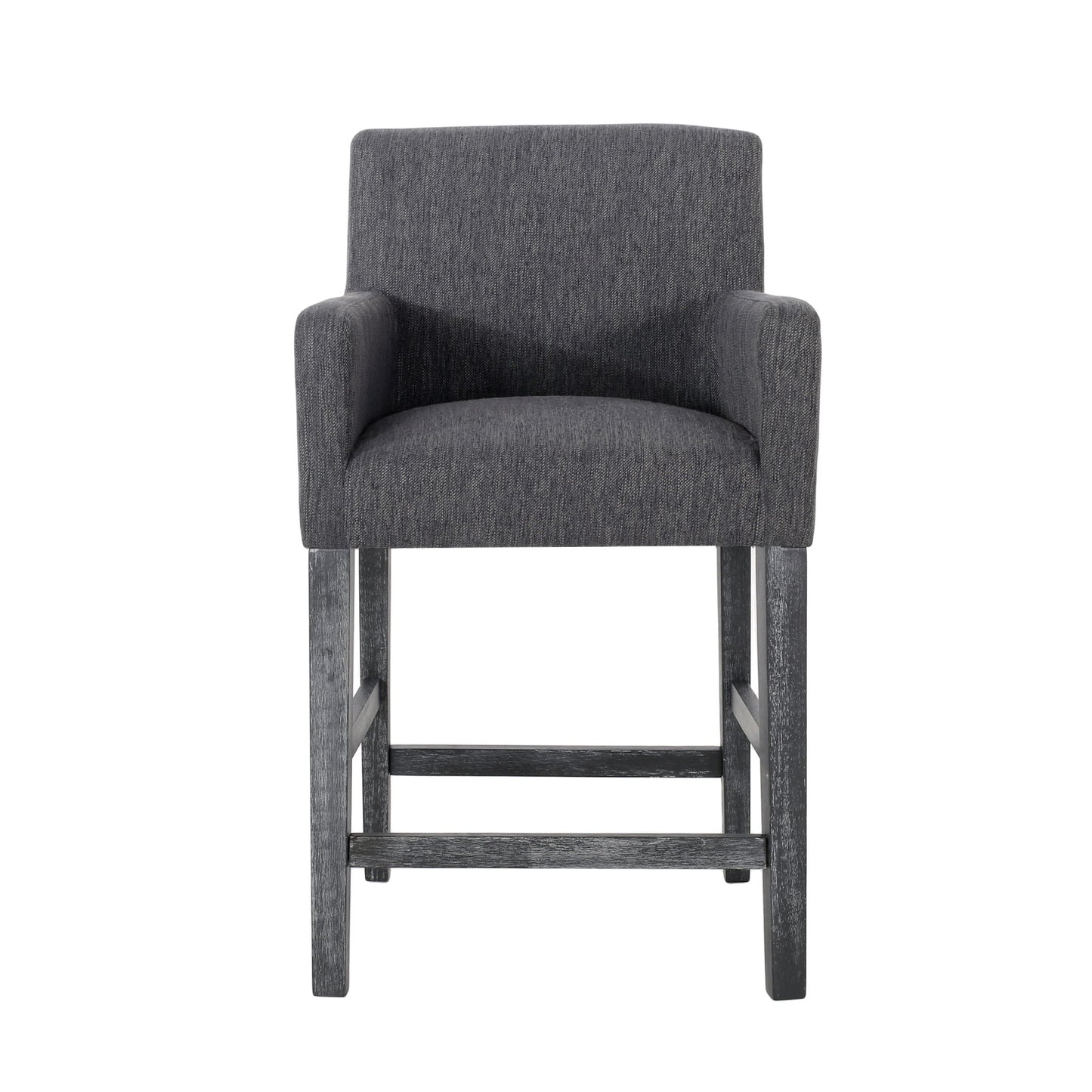 The Serenitia Upholstered Counter Chair features a dark gray seat, straight armrests, low backrest, and sturdy wooden frame with matching dark legs.