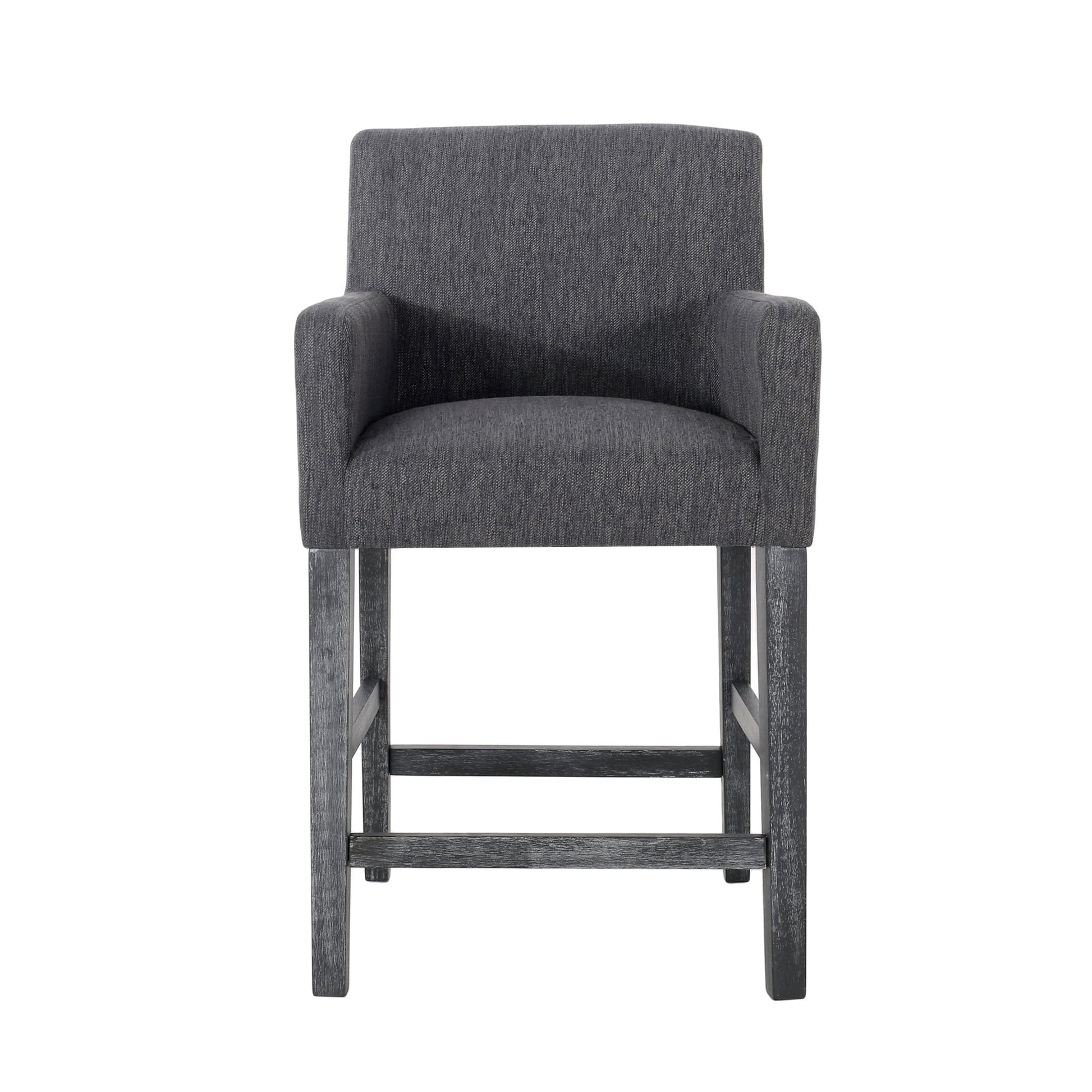 The Serenitia Upholstered Counter Chair features a dark gray seat, straight armrests, low backrest, and sturdy wooden frame with matching dark legs.