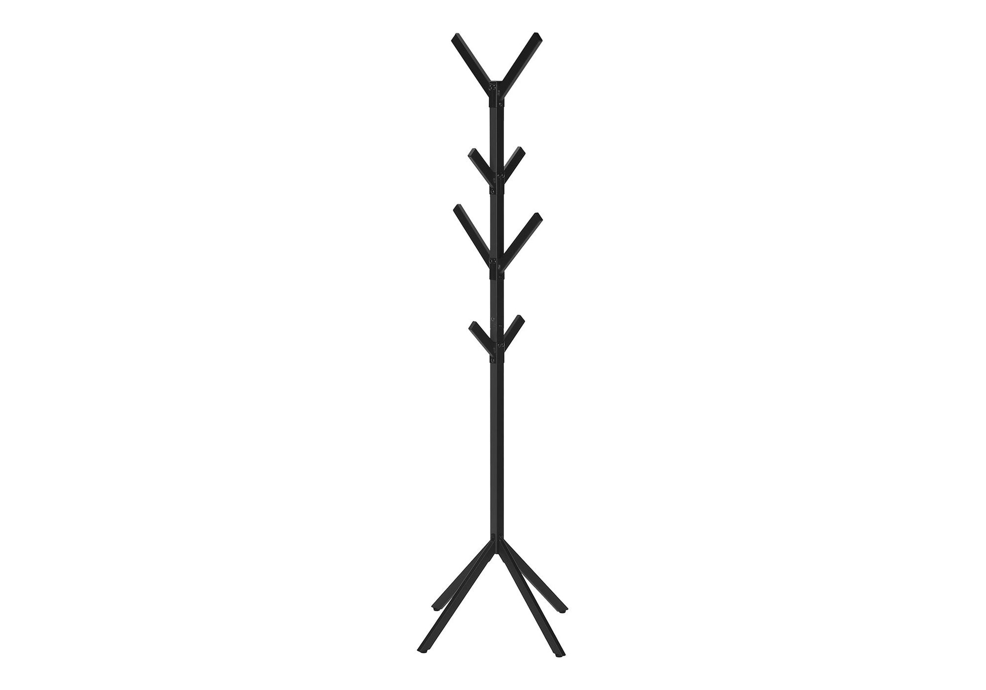 The Coat Rack Hall Tree features a tall, black vertical pole with eight hooks at various heights and four angled legs for stability. This contemporary, free-standing entryway piece is shown against a white background.