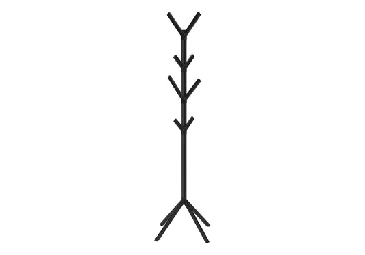 The Coat Rack Hall Tree features a tall, black vertical pole with eight hooks at various heights and four angled legs for stability. This contemporary, free-standing entryway piece is shown against a white background.