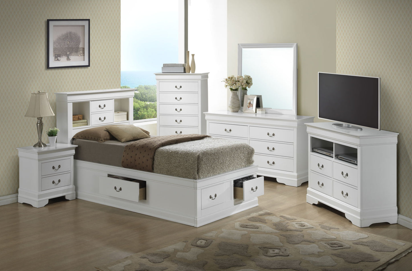 Bright bedroom with white Louis Phillipe Bookcase Storage Bed, nightstand, dresser with mirror, tall chest, and TV stand. Natural light from a window; beige rug covers part of the wooden floor.