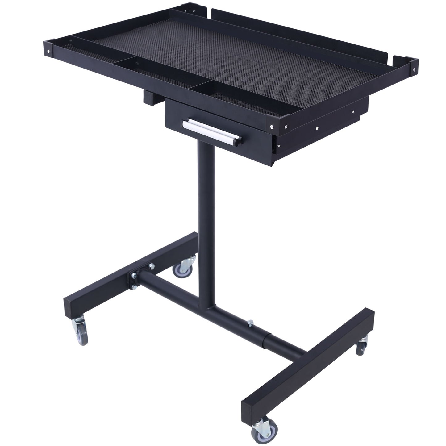 The Adjustable Tear Down Work Table features a flat perforated tray, a drawer, T-shaped base, heavy duty steel build, rubber corners, and four 2.5" swivel casters for mobility. Ideal for garages and repair shops; supports up to 220 lbs.
