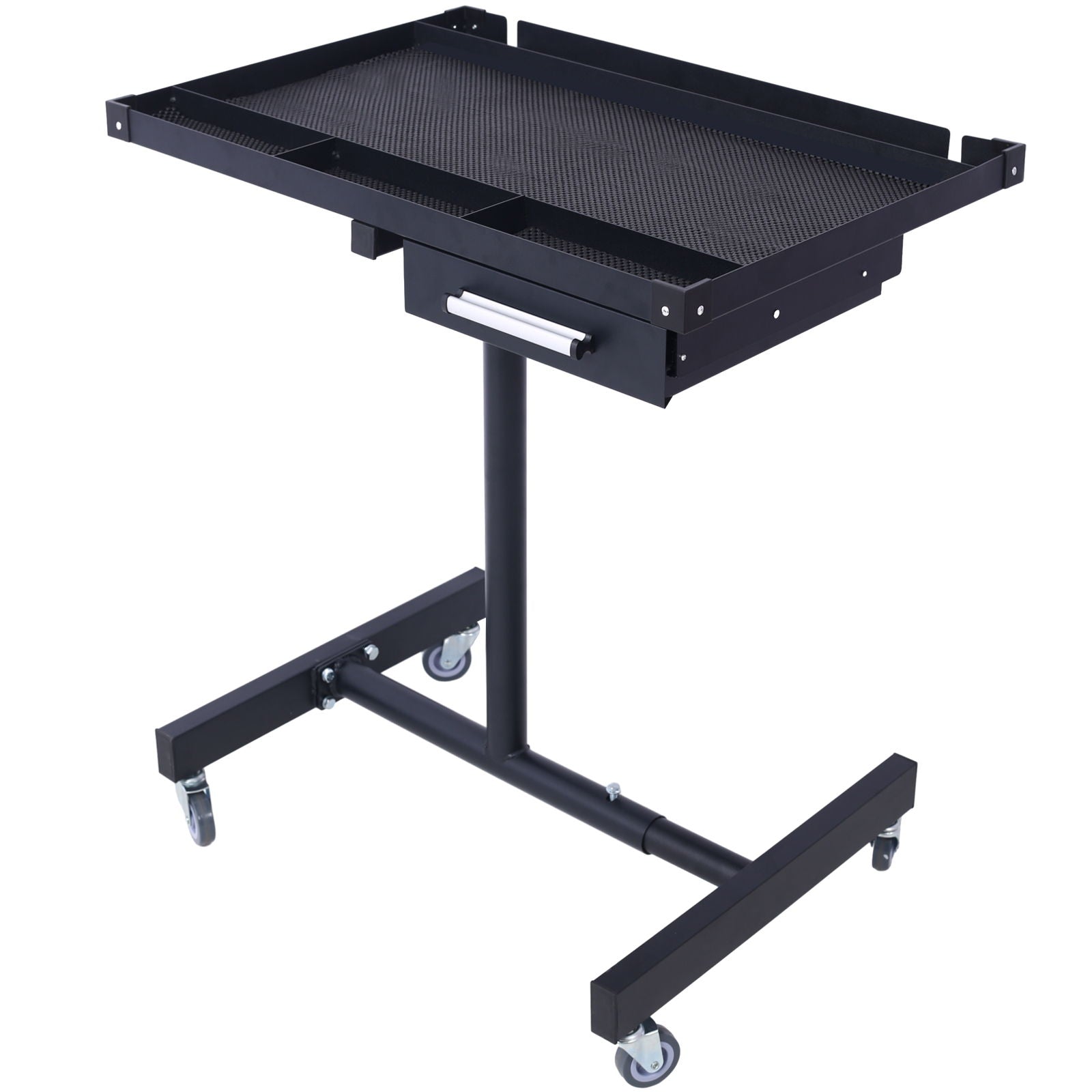 The Adjustable Tear Down Work Table features a flat perforated tray, a drawer, T-shaped base, heavy duty steel build, rubber corners, and four 2.5" swivel casters for mobility. Ideal for garages and repair shops; supports up to 220 lbs.