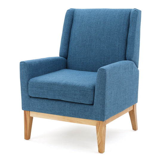 The Modern Accent Chair With Padded Cushion Seat features blue upholstered fabric, a cushioned seat and backrest, and wooden legs, shown against a white background.