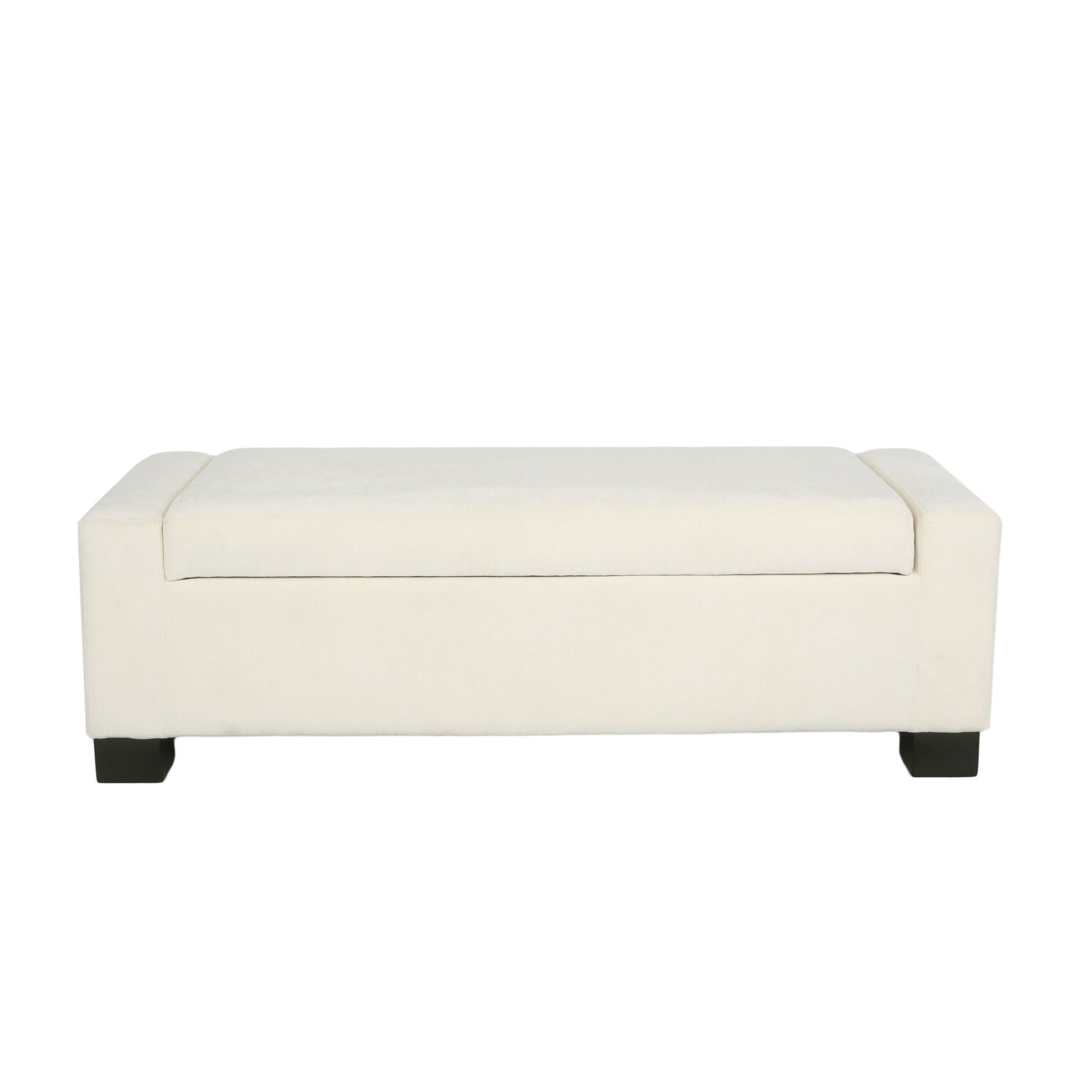 Textured Fabric Ottoman Bench With Hinged Lid in rectangular cream upholstery features a cushioned top and short black wooden legs, displayed against a white background.