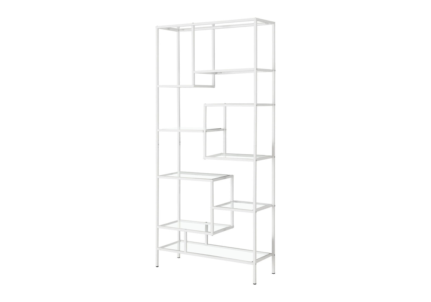 The Bookshelf Bookcase Etagere for Office features a contemporary white metal frame with an open, asymmetrical geometric design and multiple square and rectangular shelves of various sizes.