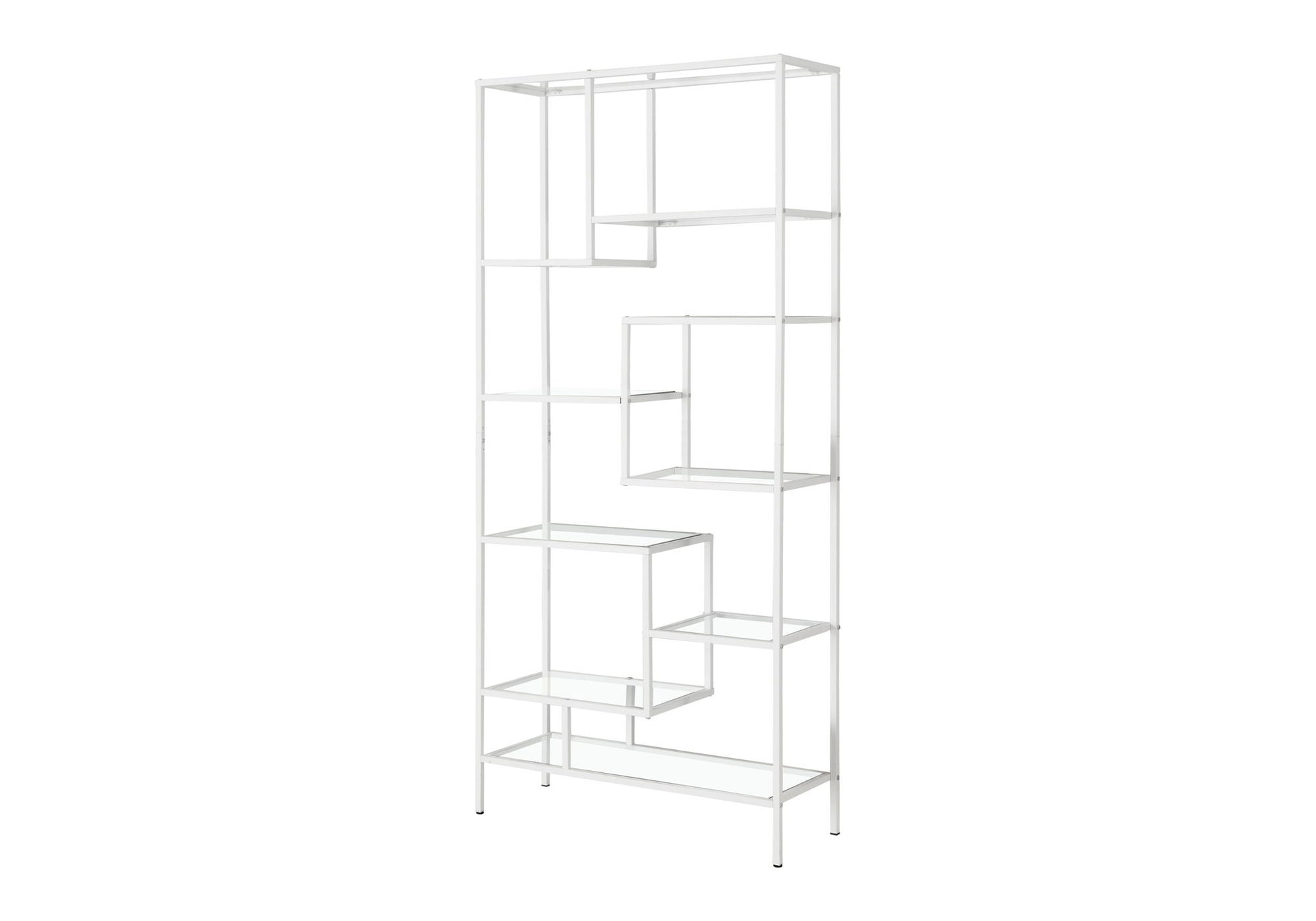The Bookshelf Bookcase Etagere for Office features a contemporary white metal frame with an open, asymmetrical geometric design and multiple square and rectangular shelves of various sizes.