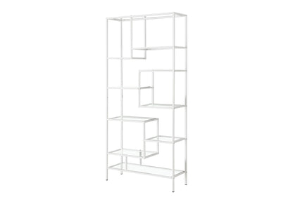 The Bookshelf Bookcase Etagere for Office features a contemporary white metal frame with an open, asymmetrical geometric design and multiple square and rectangular shelves of various sizes.