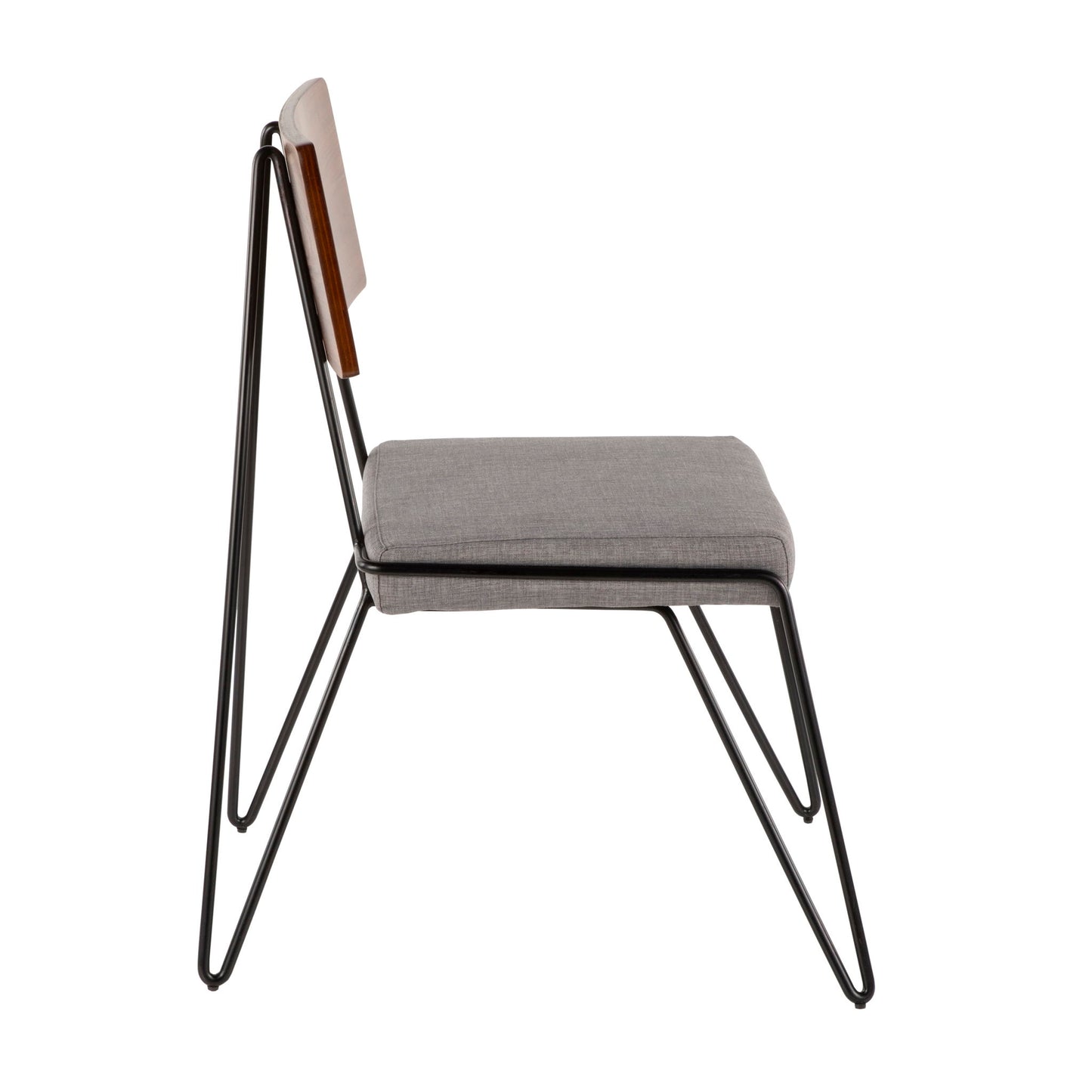 Side view of the Loft - Mid-Century Modern Chair (Set of 2) in Black, Gray, and Walnut, featuring a thin black metal frame, light gray cushioned seat, and walnut wooden backrest on a plain white background.
