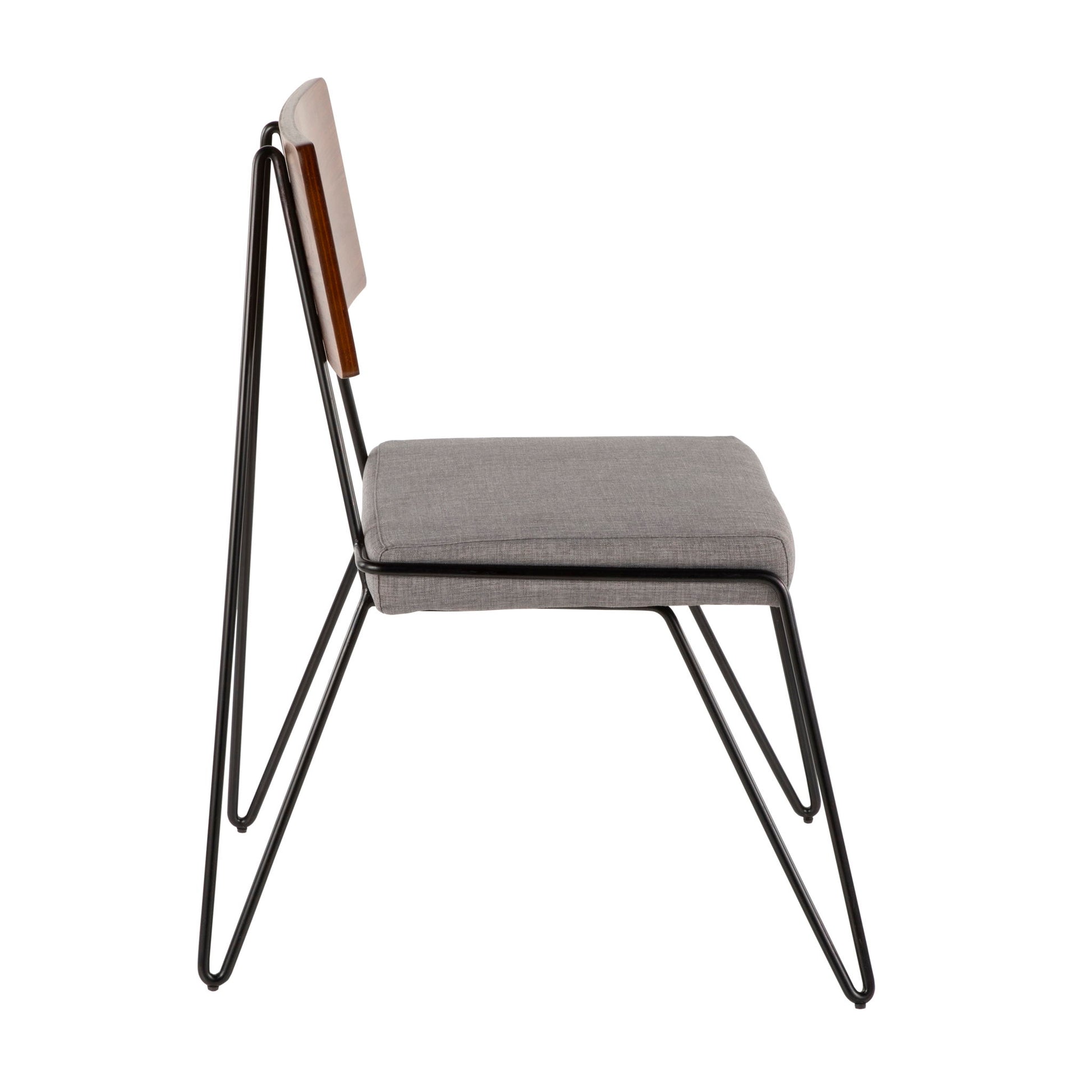 Side view of the Loft - Mid-Century Modern Chair (Set of 2) in Black, Gray, and Walnut, featuring a thin black metal frame, light gray cushioned seat, and walnut wooden backrest on a plain white background.