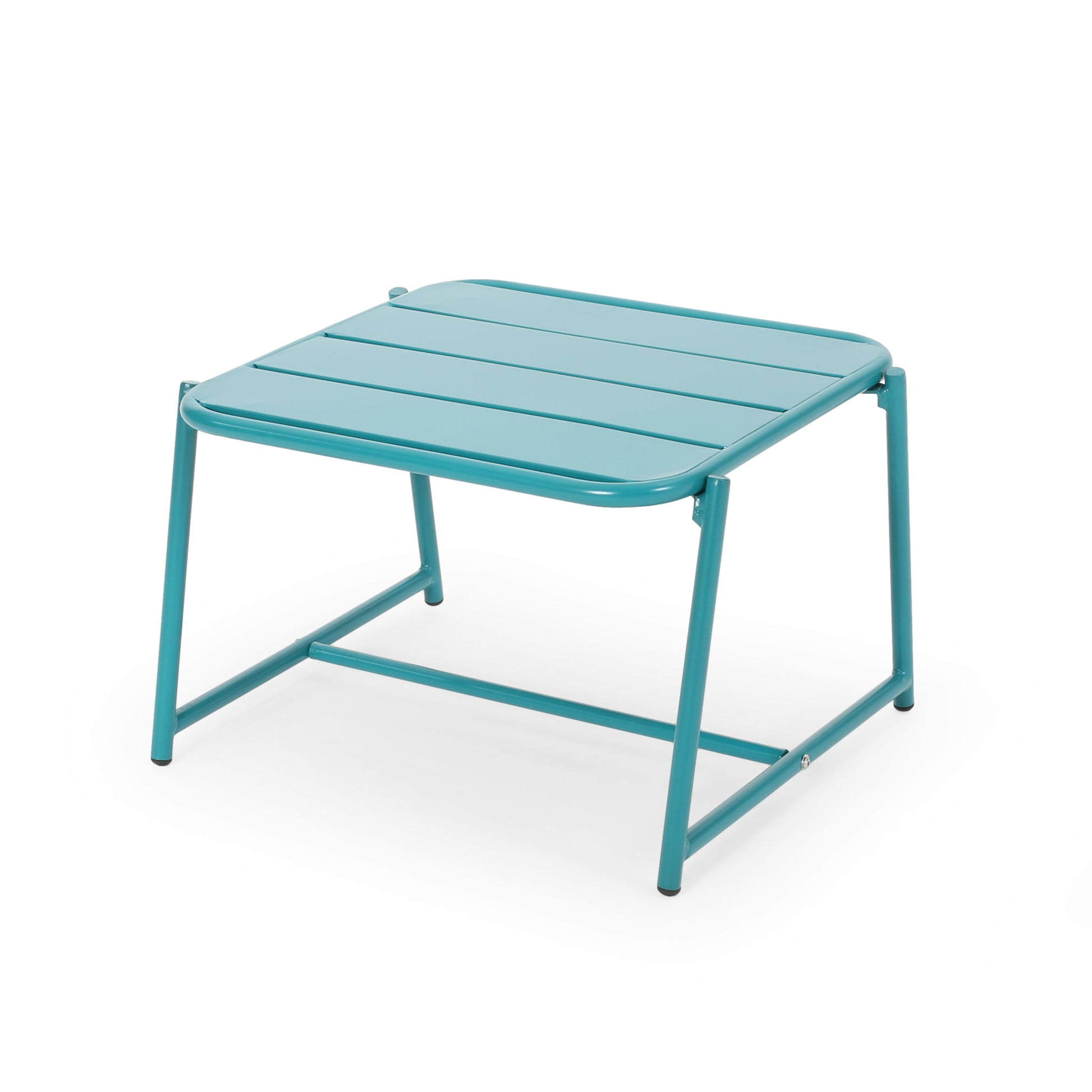 The Conrad - Side Table Outdoor features a turquoise metal design with a slatted square top, four angled legs, and a connecting horizontal support bar, all set against a plain white background.
