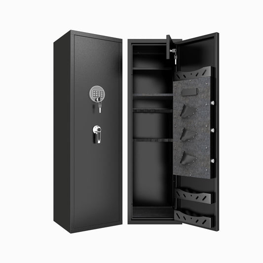 Large Capacity Mechanical Gun Safe For Rifles & Handguns, Digital Password Lock, Built In Independent Lock Box, Adjustable Shelves - Black
