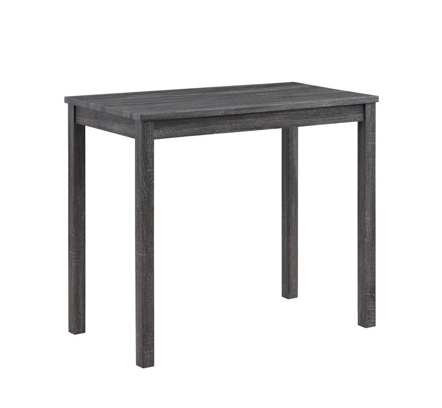 The Lux 3 Piece Counter Height Pub Table Set features a simple rectangular dark gray wooden table with four straight legs, paired with tufted linen stools. Shown on a white background.