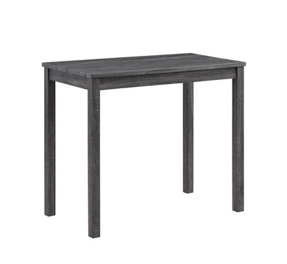 The Lux 3 Piece Counter Height Pub Table Set features a simple rectangular dark gray wooden table with four straight legs, paired with tufted linen stools. Shown on a white background.