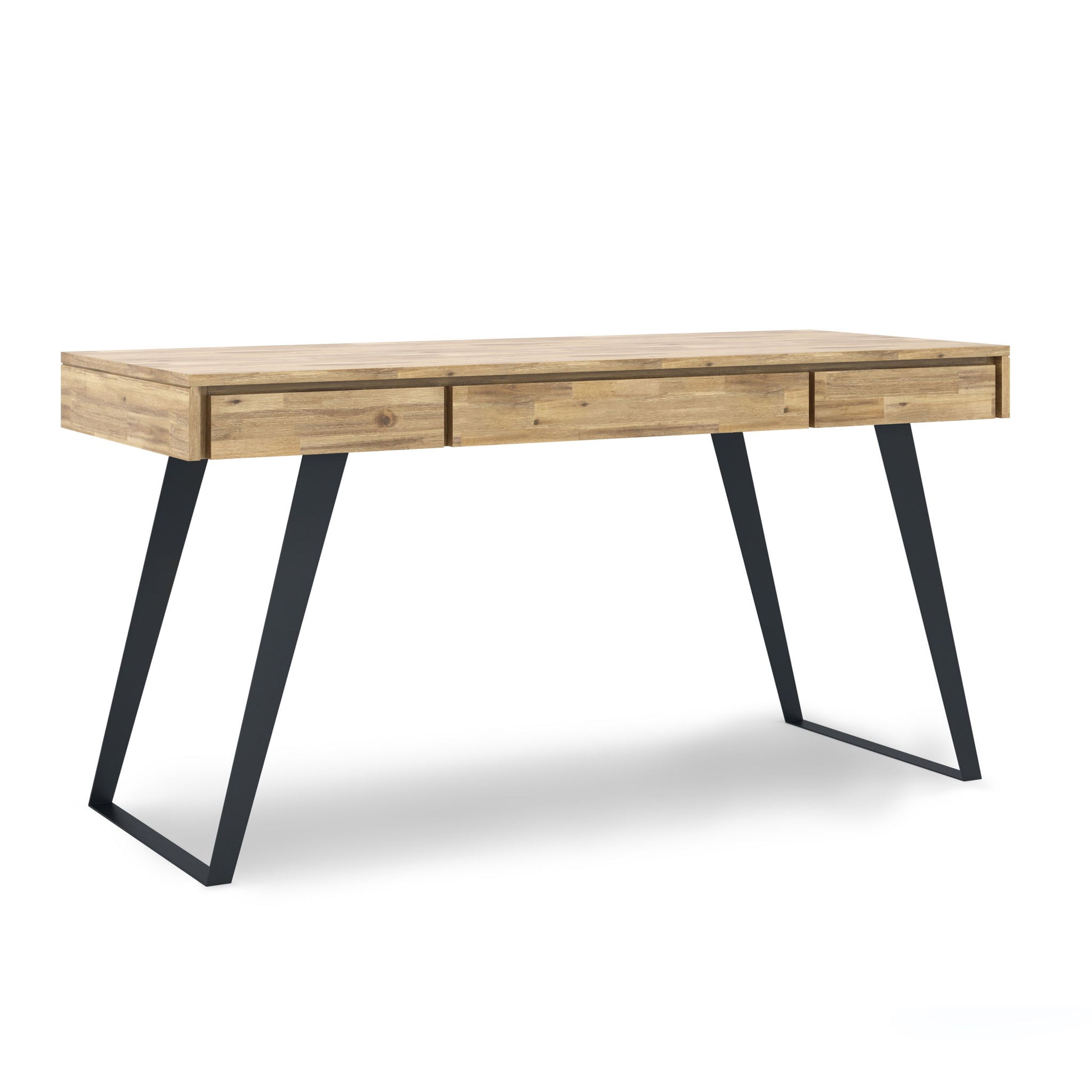 The Lowry - Handcrafted Desk features three drawers and angled black metal legs, showcased against a plain white background.