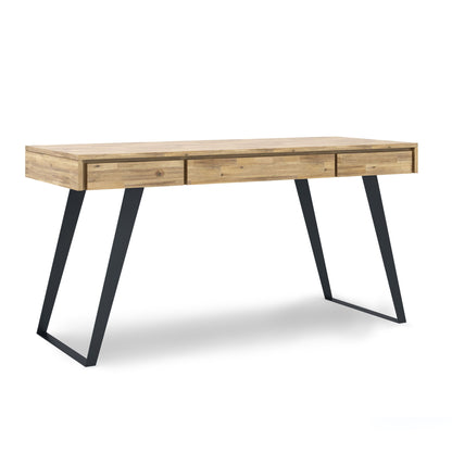The Lowry - Handcrafted Desk features three drawers and angled black metal legs, showcased against a plain white background.