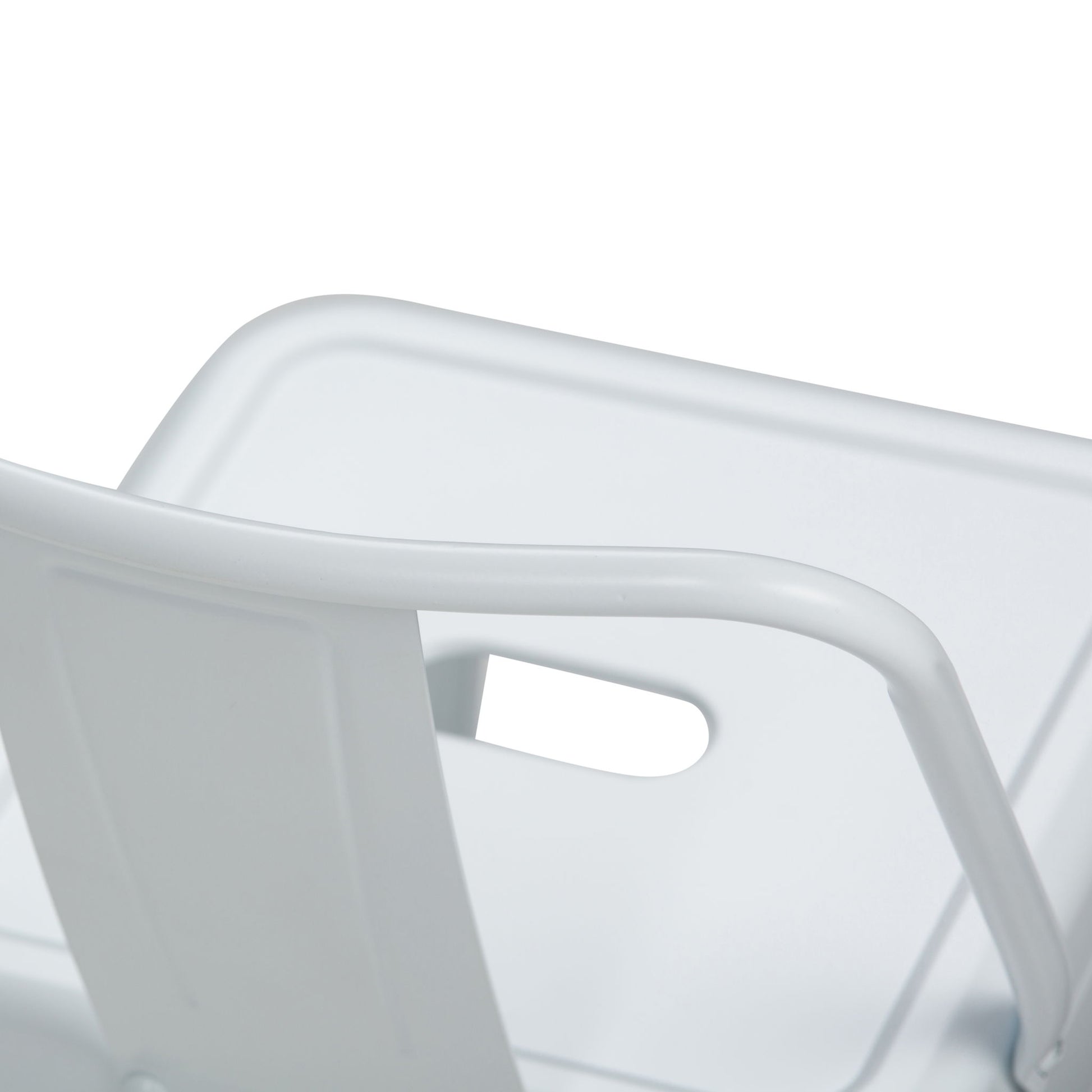 Close-up of the top part of the Rayne - Multifunctional Metal Stool, featuring a white backrest with a rectangular cutout and curved edges, set against a plain white background.