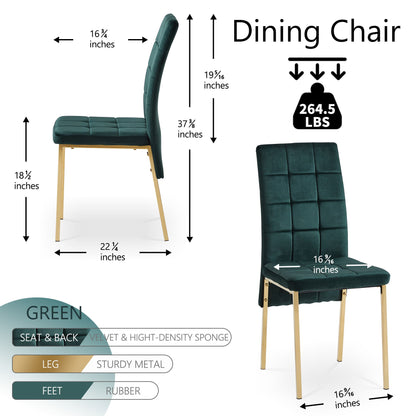 The Velvet High Back Nordic Dining Chair features a cushioned velvet and sponge seat and back, sturdy golden metal legs with rubber feet, and supports up to 264.5 lbs. Dimensions are provided for this modern chair.