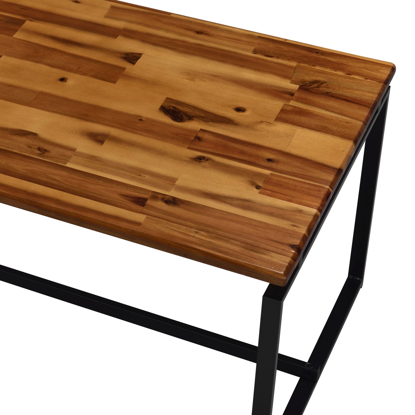 The Jurgen - 3 Pieces Pack Coffee & End Set in Oak/Black features a polished oak surface with visible grain and a sleek black metal frame. The photo displays a corner of the tabletop and part of the metal leg design.